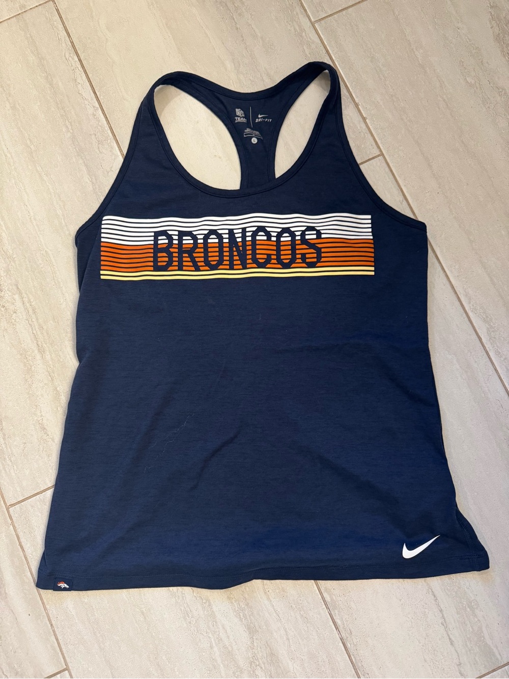 Nike Women's Navy Broncos Tank Top with Orange and White Stripe Graphic